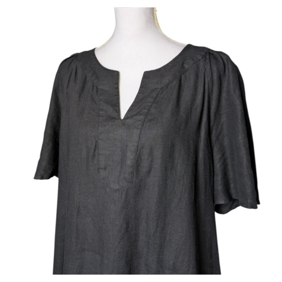 Chicos Black Flutter Sleeve 100% Linen Dress Sz 3 US 16 V Neck Lagenlook Pockets - Picture 5 of 7